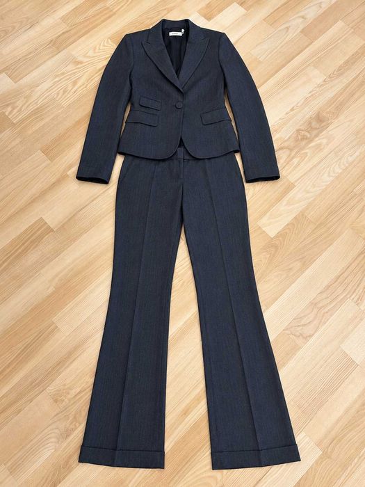 Costum damă Pinko S, sacou cambrat + pantaloni evazați, lână & viscoză, gri antracit