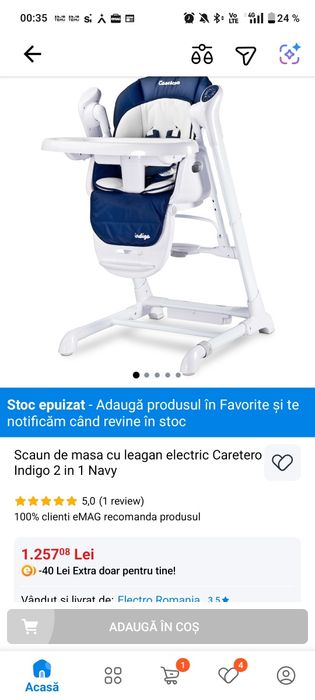 Oferta! Scaun de masa cu leagan electric Caretero Indigo 2 in 1 Navy