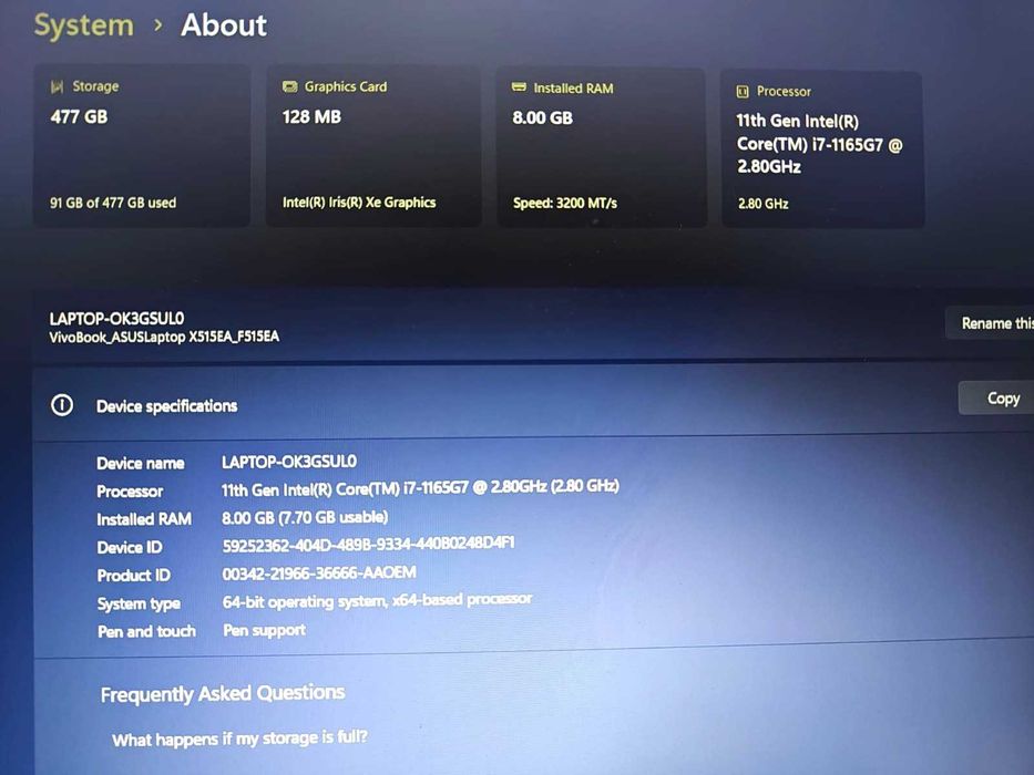 ASUS VivoBook X515 | i7-1165G7 | 8GB RAM | SSD 512GB | Full HD | Ca nou