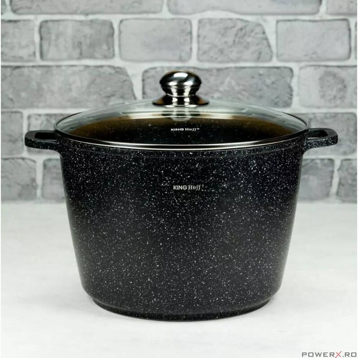 Oala din aluminiu turnat, cu strat marmorat, cu capac din sticla, 24