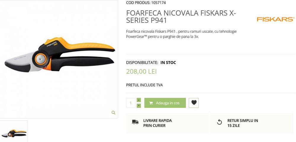 FISKARS foarfeca gradina pt taiat crengi pomi nicovala lama otel 28.5