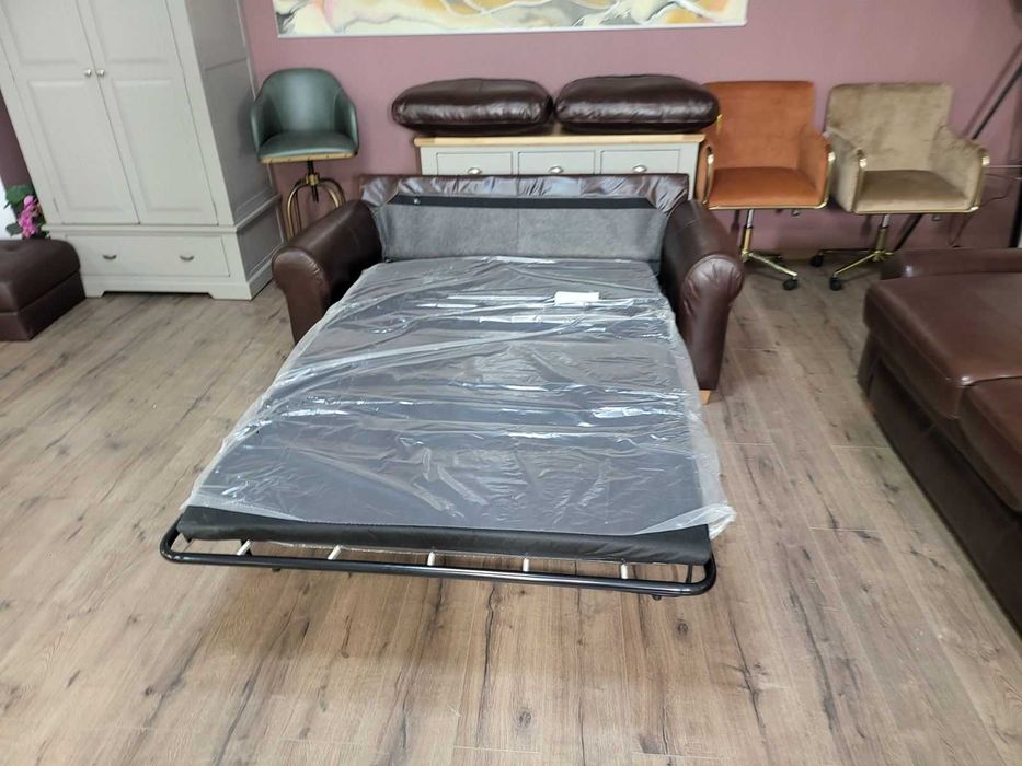 Кафяв кожен комплект дивани четворка и двойка с функция сън