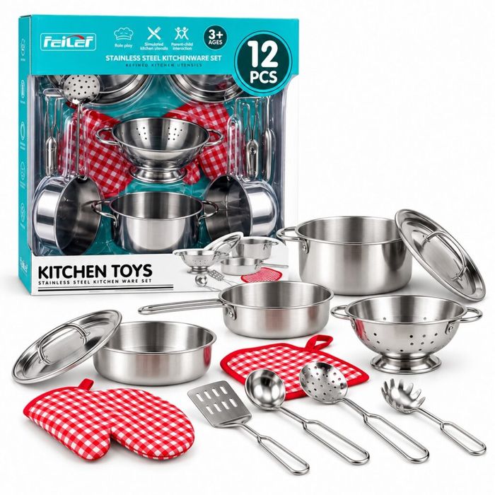 Детски кухненски комплект Kitchen Toys от неръждаема стомана, 12 части