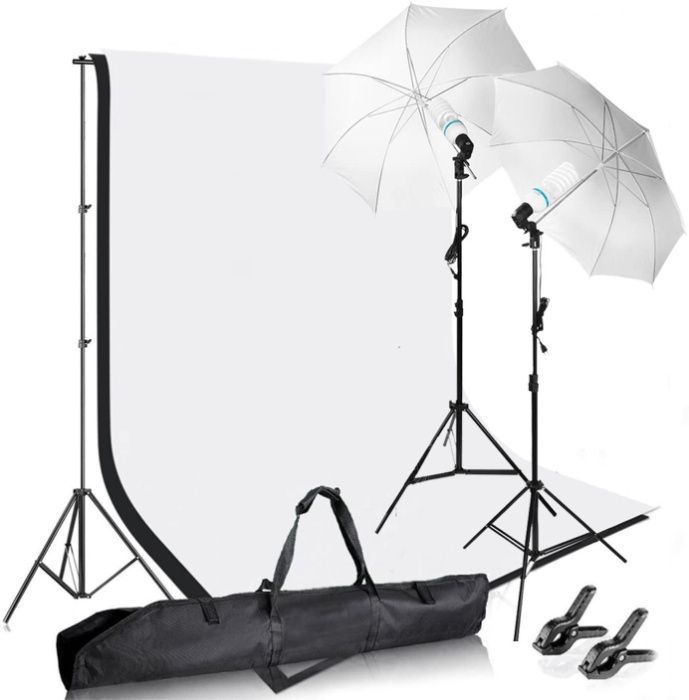 Kit studio Foto,2 x Umbrele+Suport fundal 2x2m + 2x 45W + panze AN