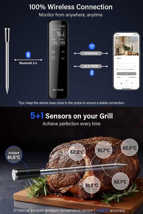 BFOUR WiFi Bluetooth термометър за барбекю,термометър за месо,батерия 2600mAh,BF-70