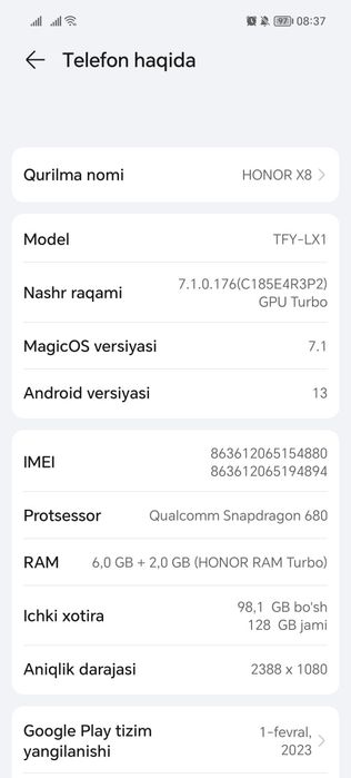 HONOR X8 1hafta kafolati bilan