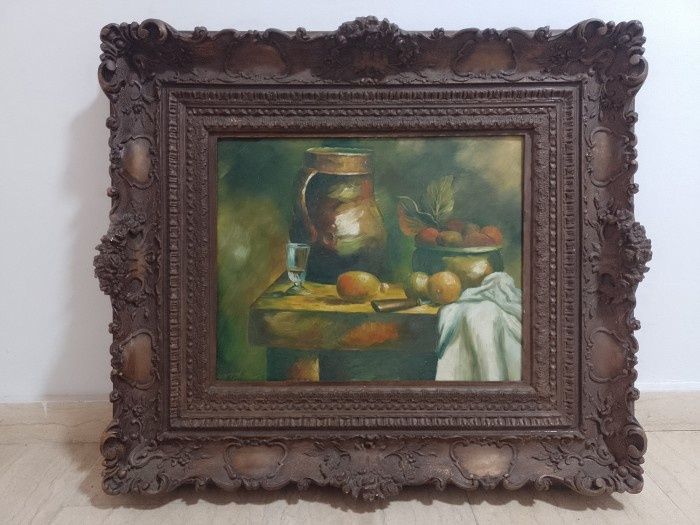 Superbă lucrare în ulei pe pânză natura statica foarte veche de dimens