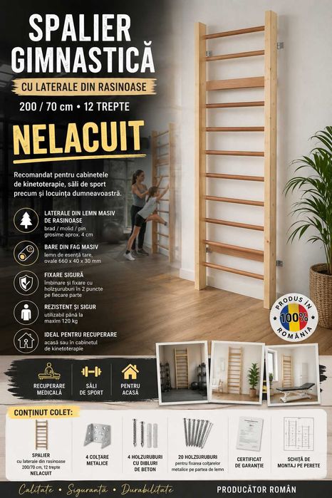 Spalier gimnastica 200/70 cm, 12 trepte, nelacuit