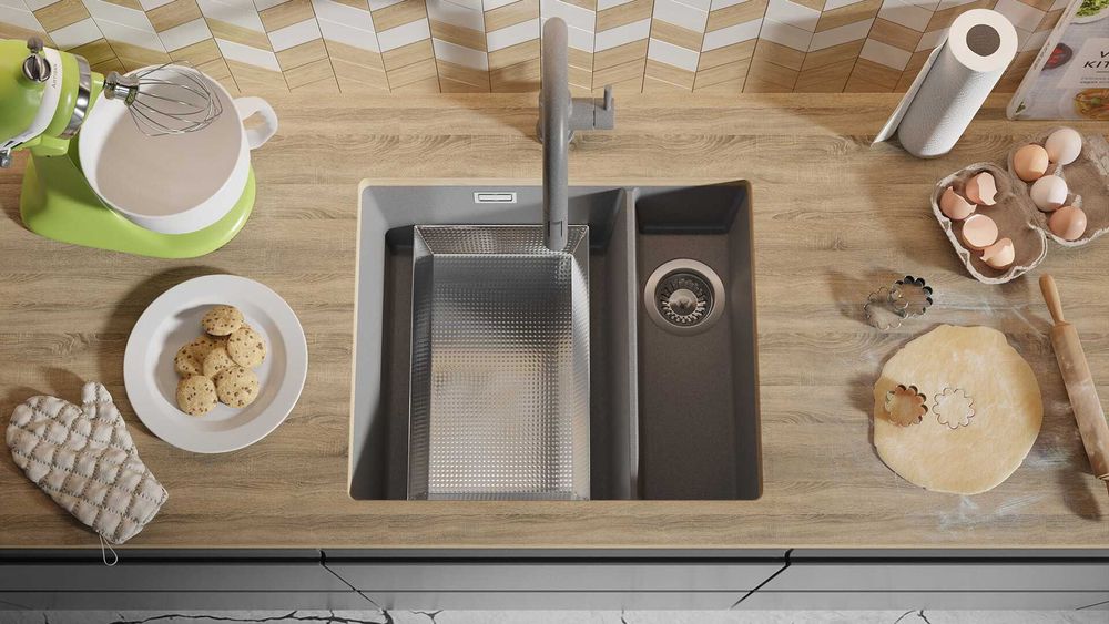 Гранитна Мивка за Вграждане под Плот Лондон 60 Duo 550 x 450  сива