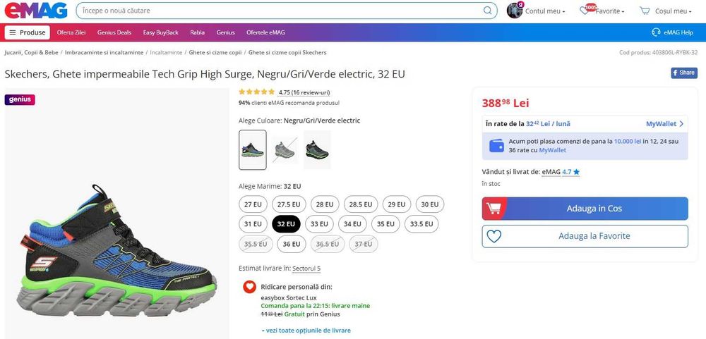 ! Ghete SKECHERS Tech Grip High Surge Impermeabile Copii 30,31,32,33,34,35