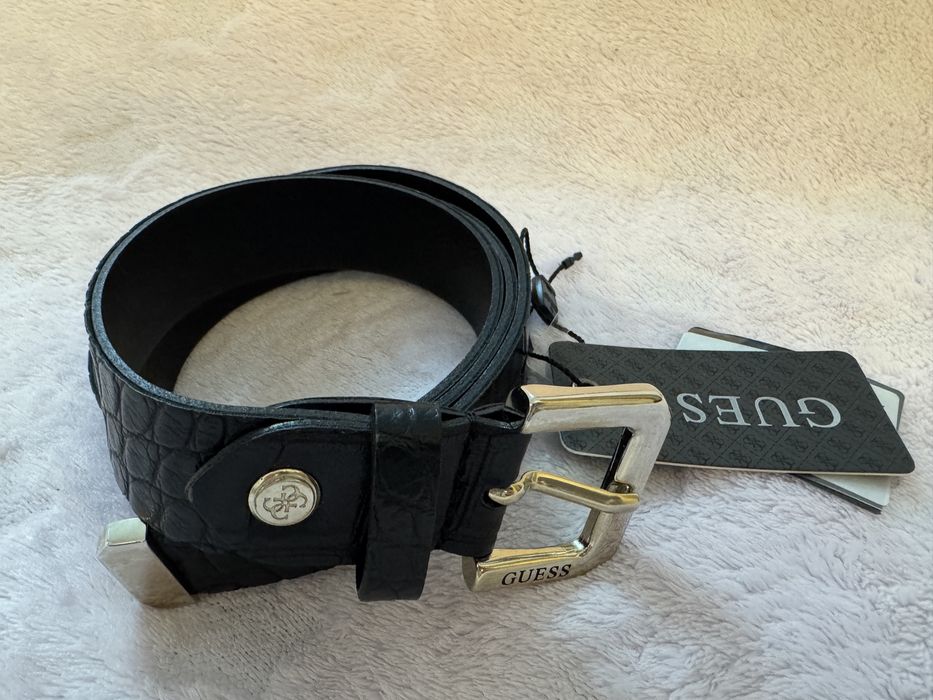 Curea Guess originală din piele naturală, model croco, neagră, ca noua