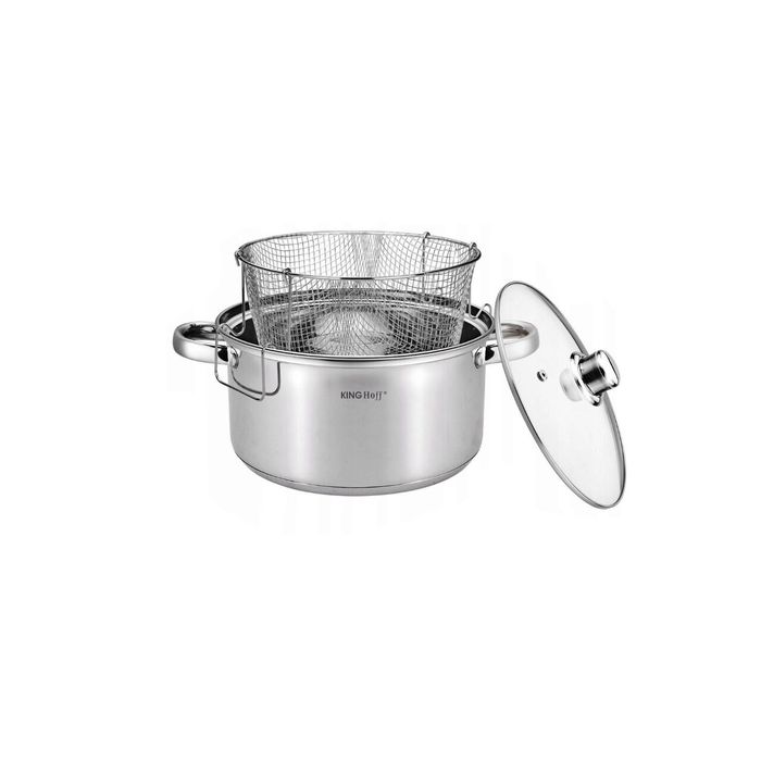 Oala din inox cu sita-cos pentru prajit, cu capac sticla, 24 cm 5.5l
