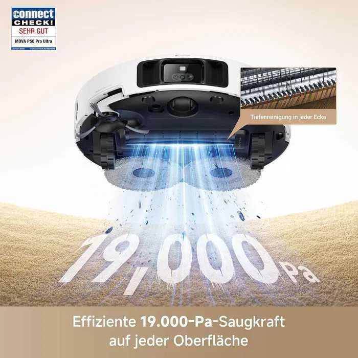 Mova P50 Pro Ultra робот прахосмукачка с моп, 19000Pa, 75°C моп с гореща вода, издърпваща се странична четка, LDS навигация, RGB AI+LED