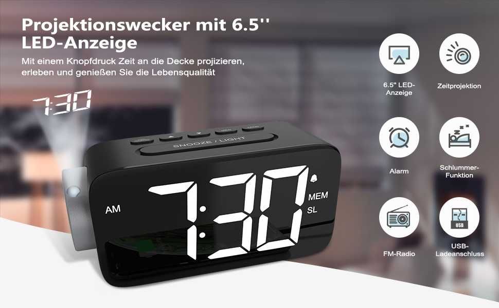 Прожекционен будилник  с FM радио и големи цифри YISSVIC LED