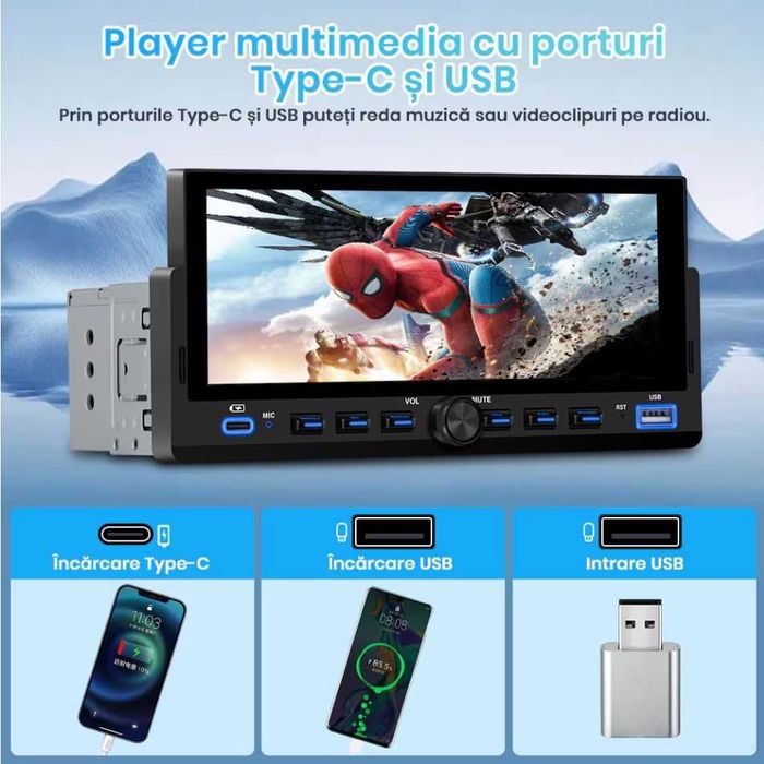 Navigatie GPS 1DIN  Wireless CarPlay & Android Auto | Cameră Marșarier Inclusă