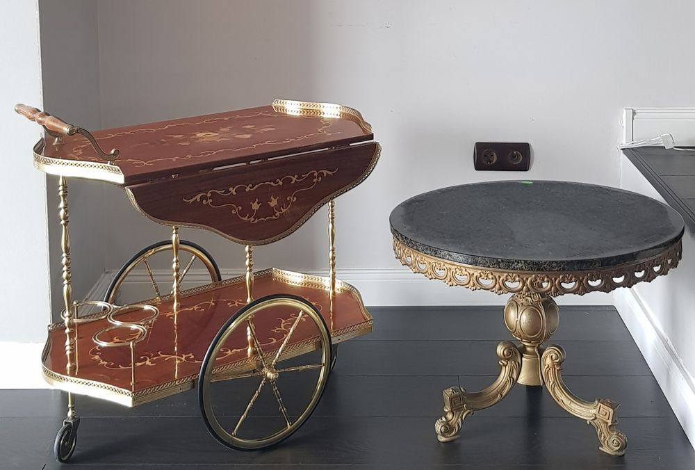 Măsuță/Gheridon  veche din bronz cu blat din marmură