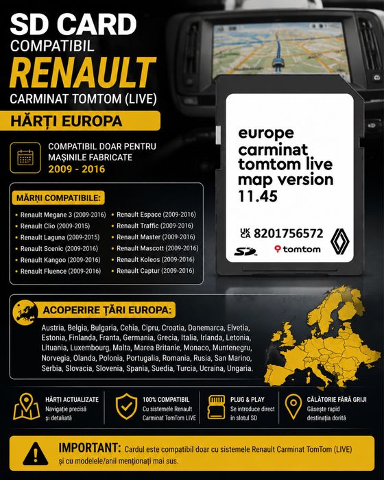 Card Navigatie RENAULT Tomtom Live Harti Europa Romania detaliate 2025