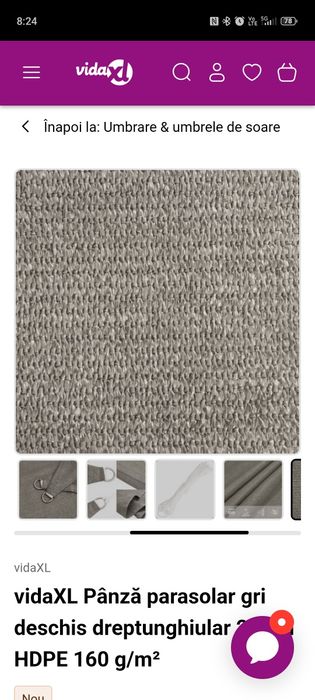 Panza parasolar gri deschis dreptunghiular 2x4 m