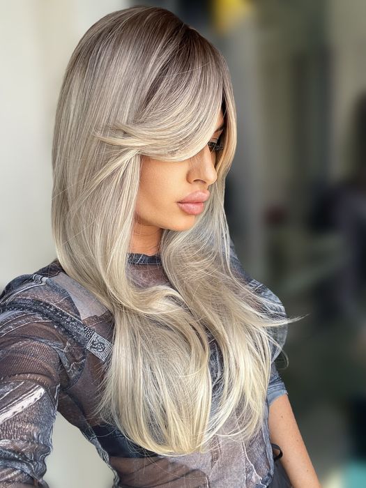 Peruca gri , ombre , breton lateral