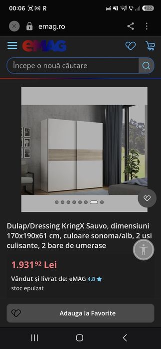 Dulap/Dressing KringX Sauvo, dimensiuni 170x190x61 cm, culoare sonoma/alb, 2 usi culisante, 2 bare de umerase