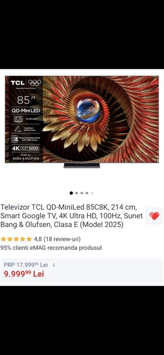 Vand Tv Nou TCL Qled Miniled 85 C8K 215 cm 2025 5 ani garantie