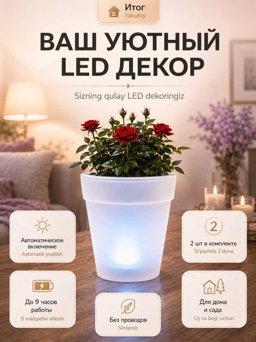 Кашпо горшок для цветов с LED-подсветкой, авто-включение 0,9л, 2шт