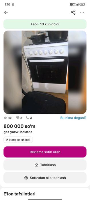 Gaz sotiladi iwlaydi yaxwi holatda artel modeli