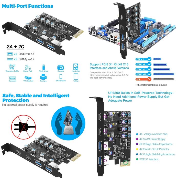 PCI Карта USB 3.2 Gen 1 Type C и USB 3.0 без доп. захранване