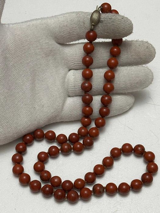 COLIER JASP ROSU Natural + ARGINT 925 - Bile mari slefuite - Vintage !