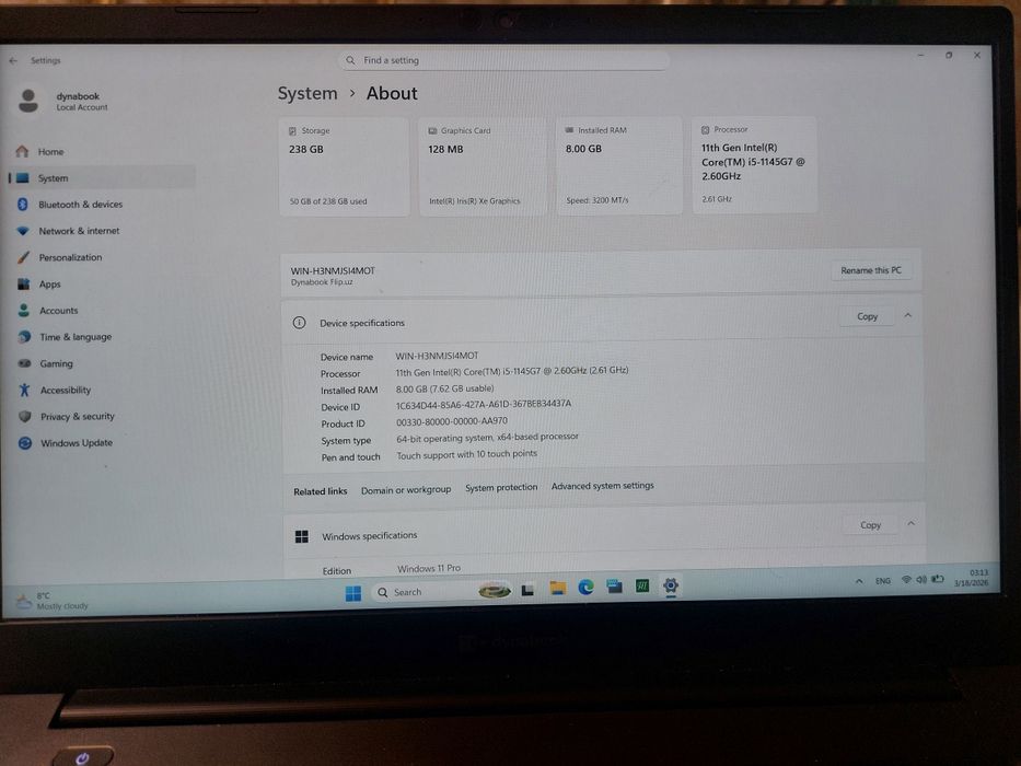 Toshiba sensor noutbuk 8/256