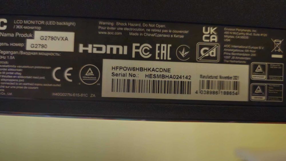 Монитор 27" AOC G2790VXA- G2790 (144Hz,1920 x 1080 Full HD)