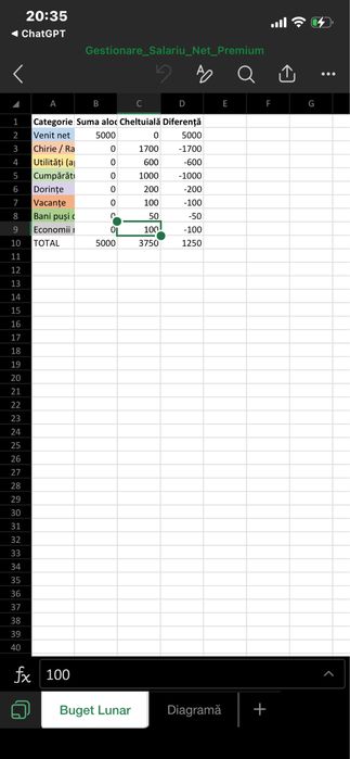 Excel cheltuieli lunare cu toate calculele incluse