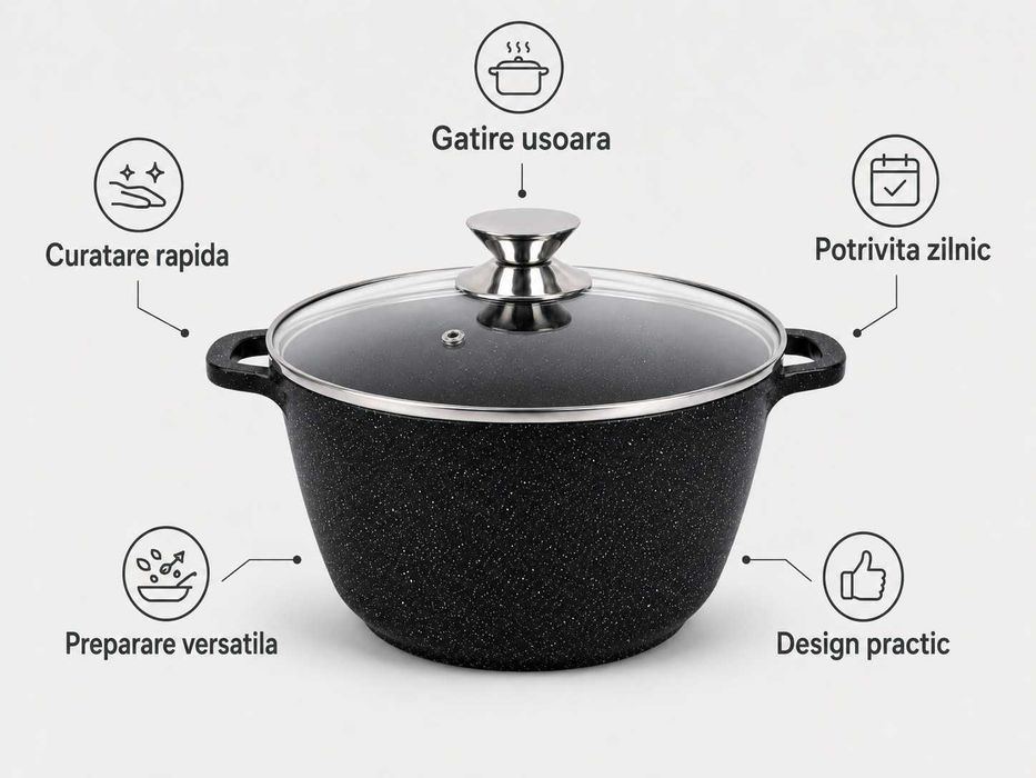 Oala marmorata 24 cm 6,2 L cu capac din sticla