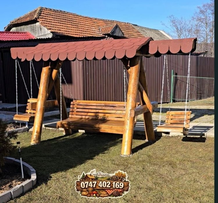 Balansoar  rustic din lemn masiv cu 2 leagăne  set masă  scaune