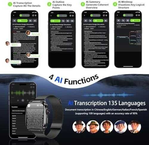 Нов Смарт часовник с AI обобщение диктофон 80+ спортни режима транскрипция