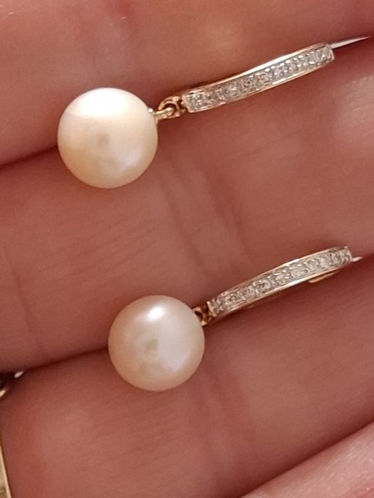 Cercei aur 14k diamante si perle de cultura
