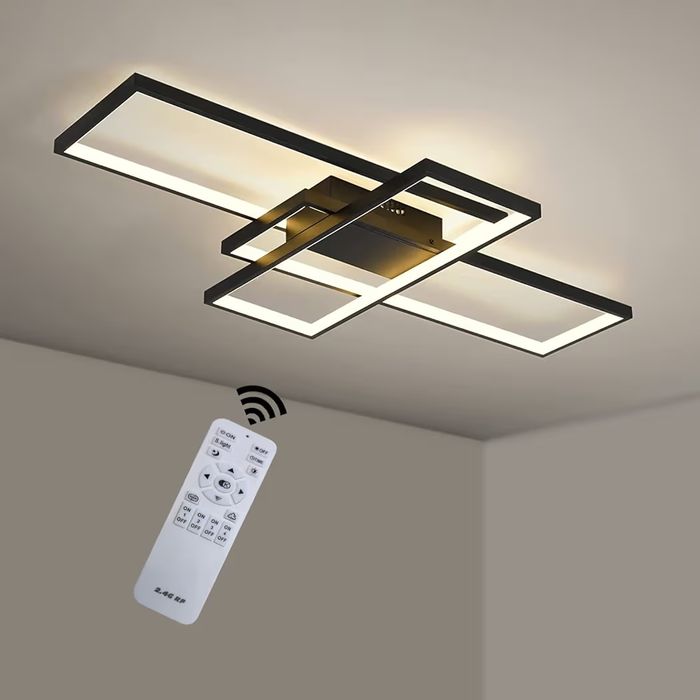 LED таванно осветление 110×65 см невисящо димируемо, черни правоъгълници от алуминий, дистанционно управление,, модерна  дизайнерска лампа плафон