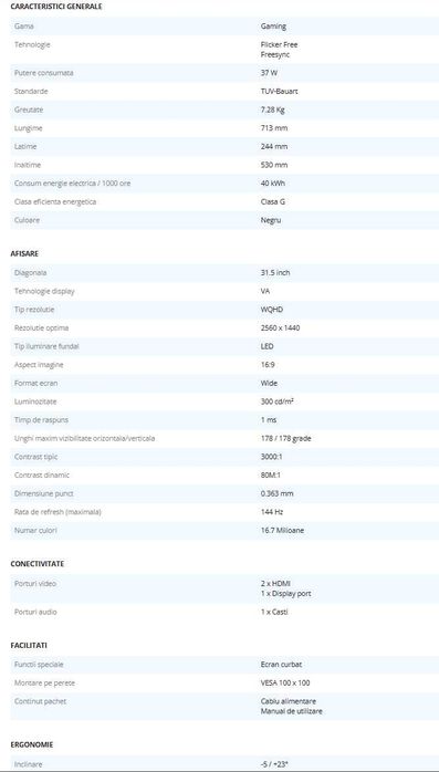 Monitor AOC CQ32G1 32" WQHD, 1ms, 144hz, Negru