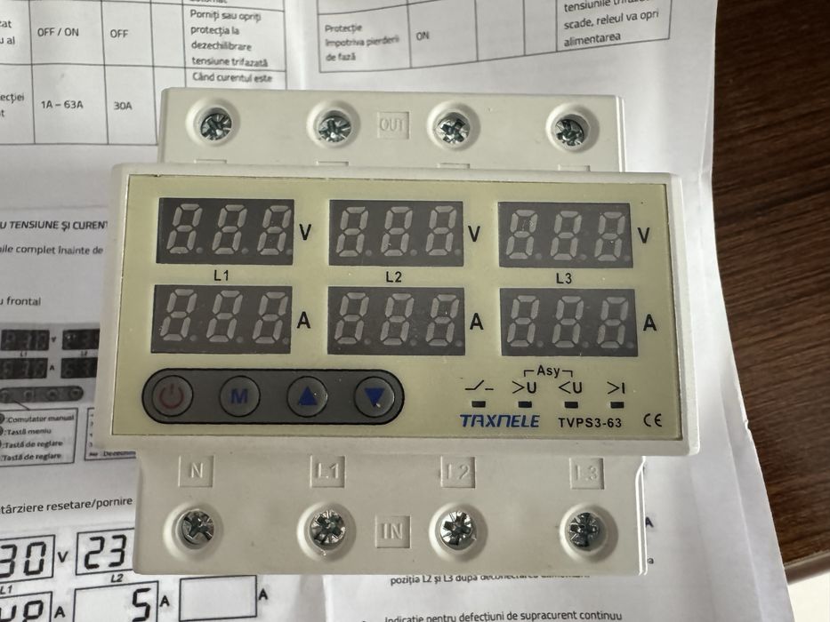 Releu trifazat de protectie la tensiune si curent 63A TAXNELE TVPS3-63