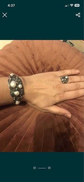 Сребърна гривна с перли и пръстен