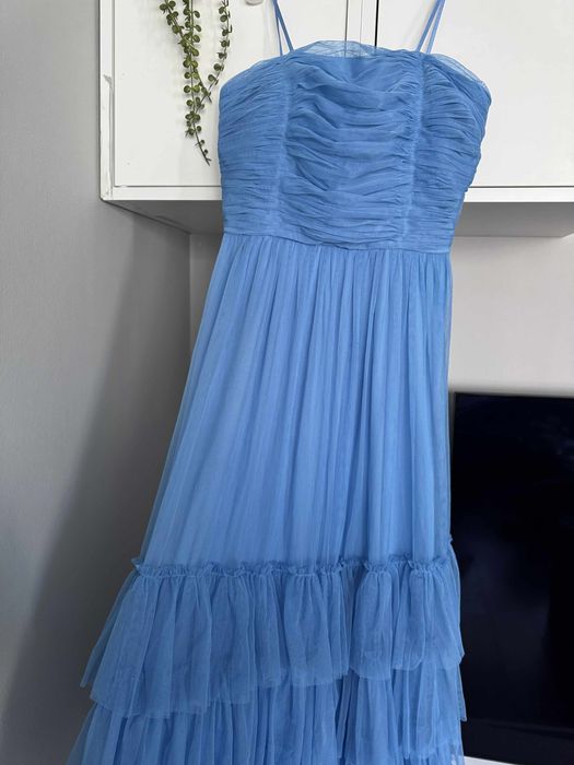 Официална дълга рокля тюлена с тюл синя lace&beads