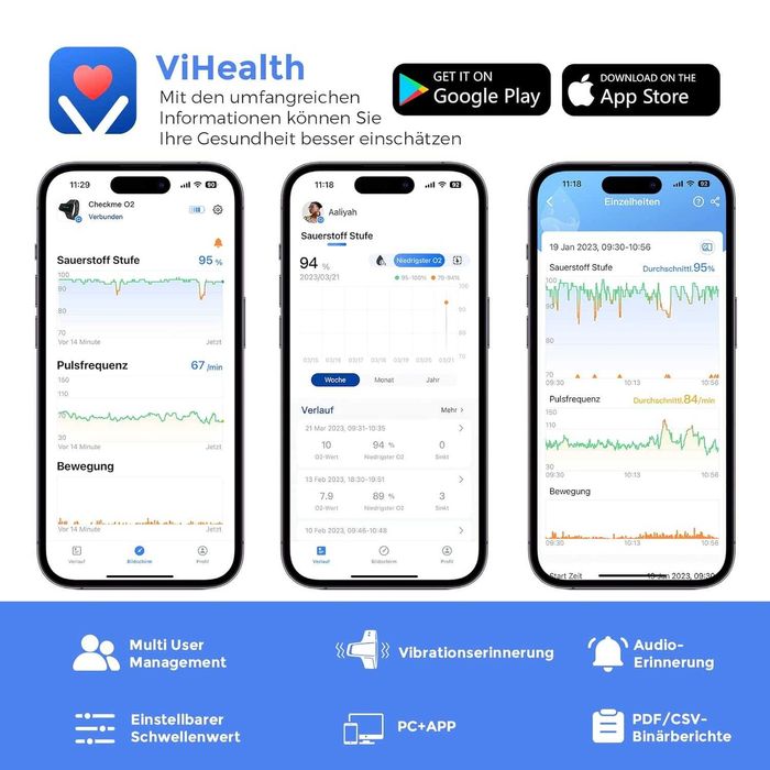 ViATOM Пулсов  оксиметър за китка с Bluetooth  аларма и  монитор