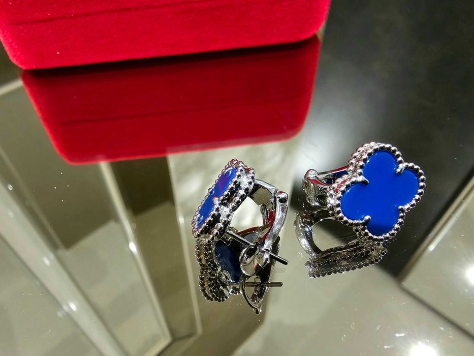 Van Cleef & Arpels VCA Silver Blue Agate Alhambra Clover Дамски Обеци