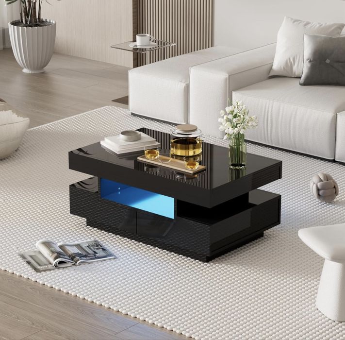 Masuta de cafea moderna negru lucios cu iluminare LED