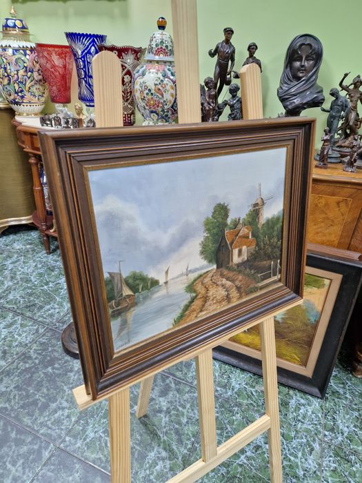 Прекрасна антикварна белгийска авторска картина масло върху платно