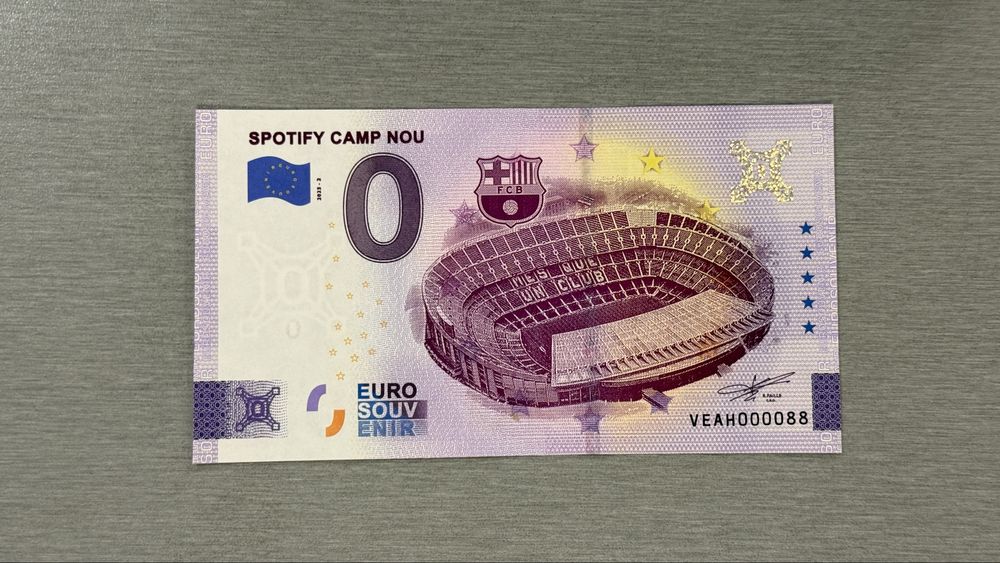 Барселона Spotify Camp Nou 0 нула еврова банкнота с уникален номер