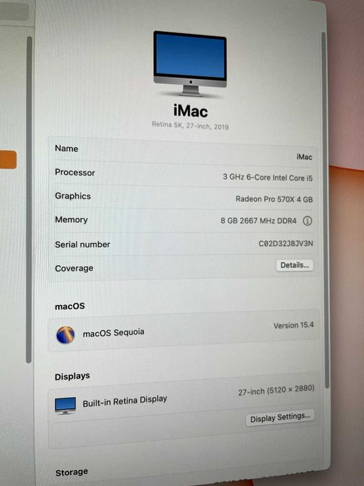 iMac 27" Retina 5K, 2019, 3 GHz 6-Core i5, 8 GB RAM, 1 TB Fusion Drive, 570X