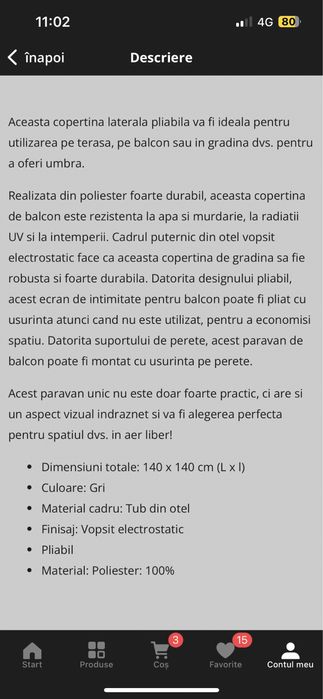 Copertina pliabila pentru balcon