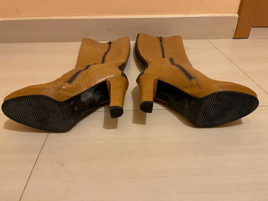 Cizme elegante, piele naturală, maro, lungi, cu toc înalt, mărimea 35