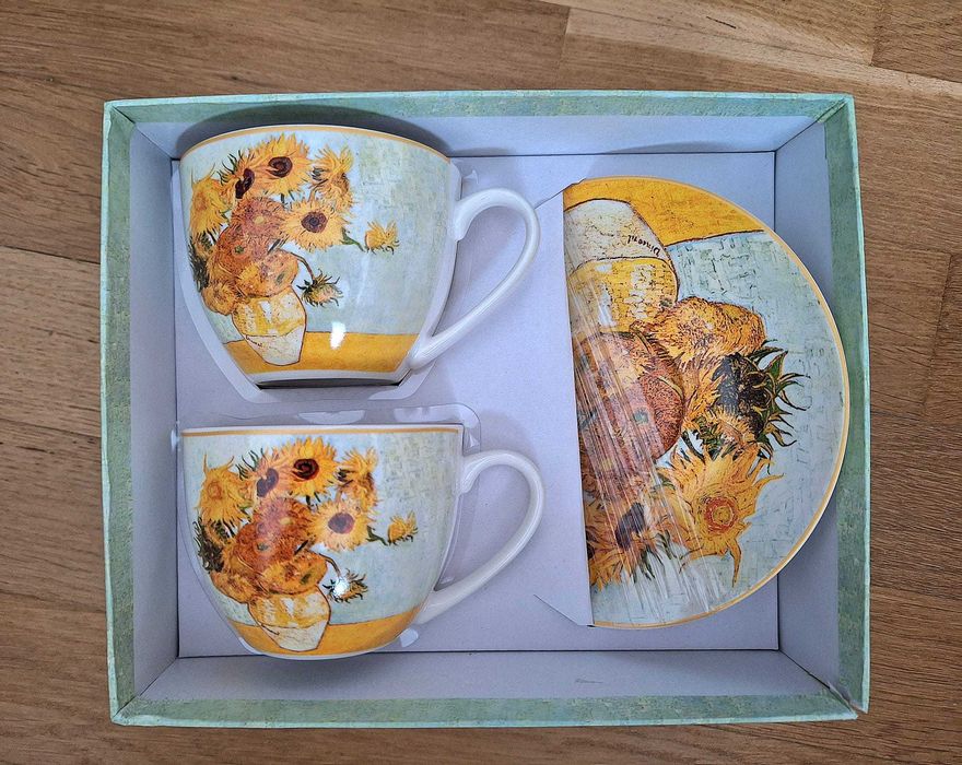 Комплект 2 чаши и чинийки, Ван Гог-Слънчогледи, порцелан, многоцветен